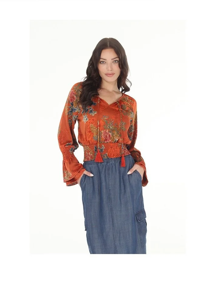 Satin Print Smock Trim Blouse