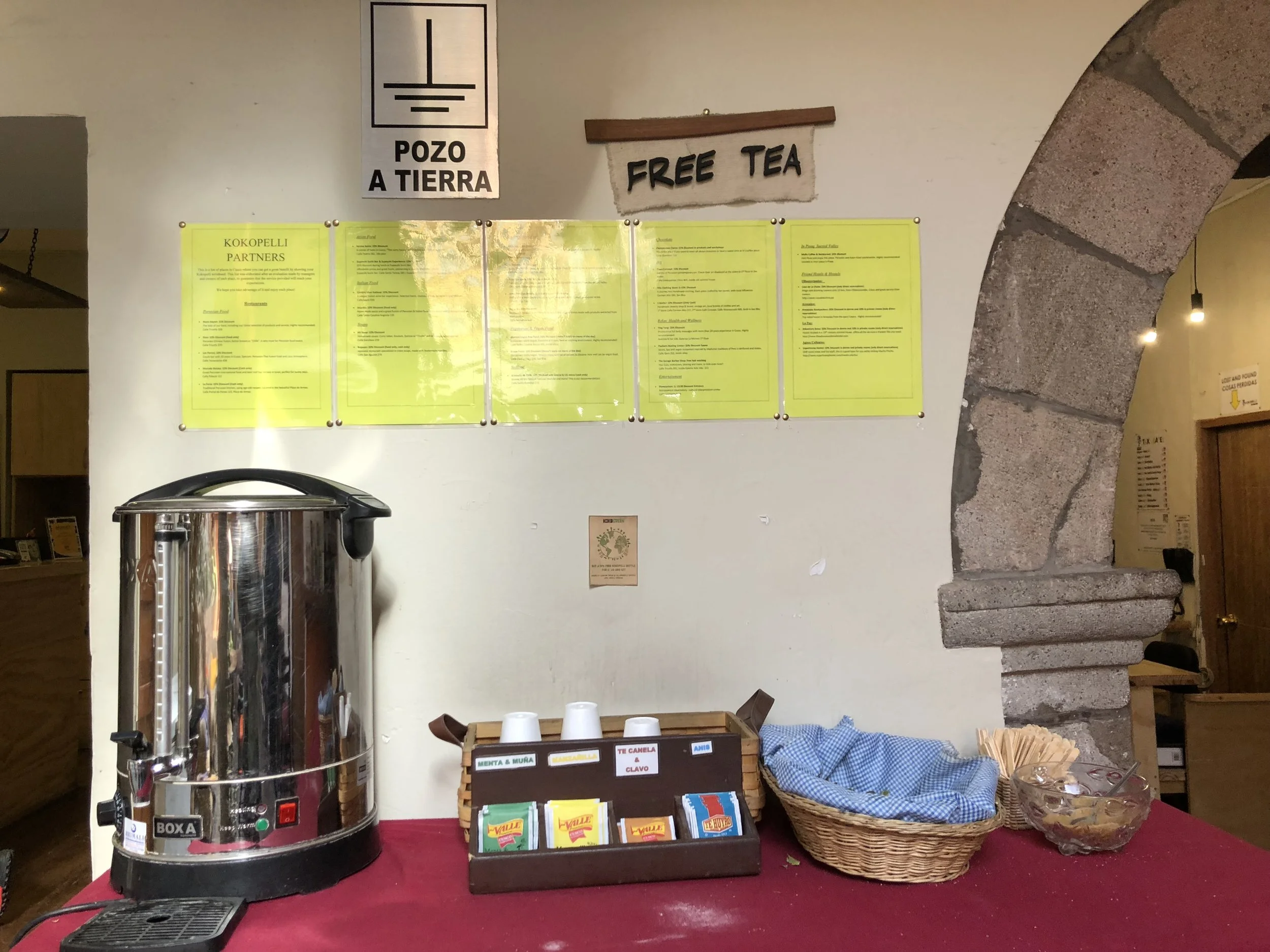 Free Coca Tea to combat altitude sickness at Kokopelli Hostel (Cusco, Peru)