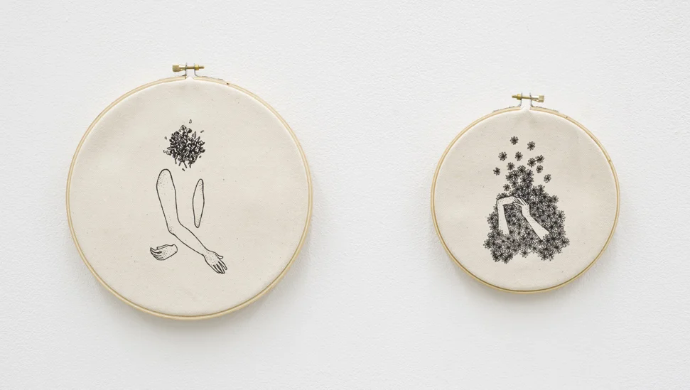 Embroidery Hoops I & II, 2014 Lithograph on canvas and hoop 10 x 10 1/2 x 1/2 inches and 6 x 6 1/2 x 1/2 inches Sold