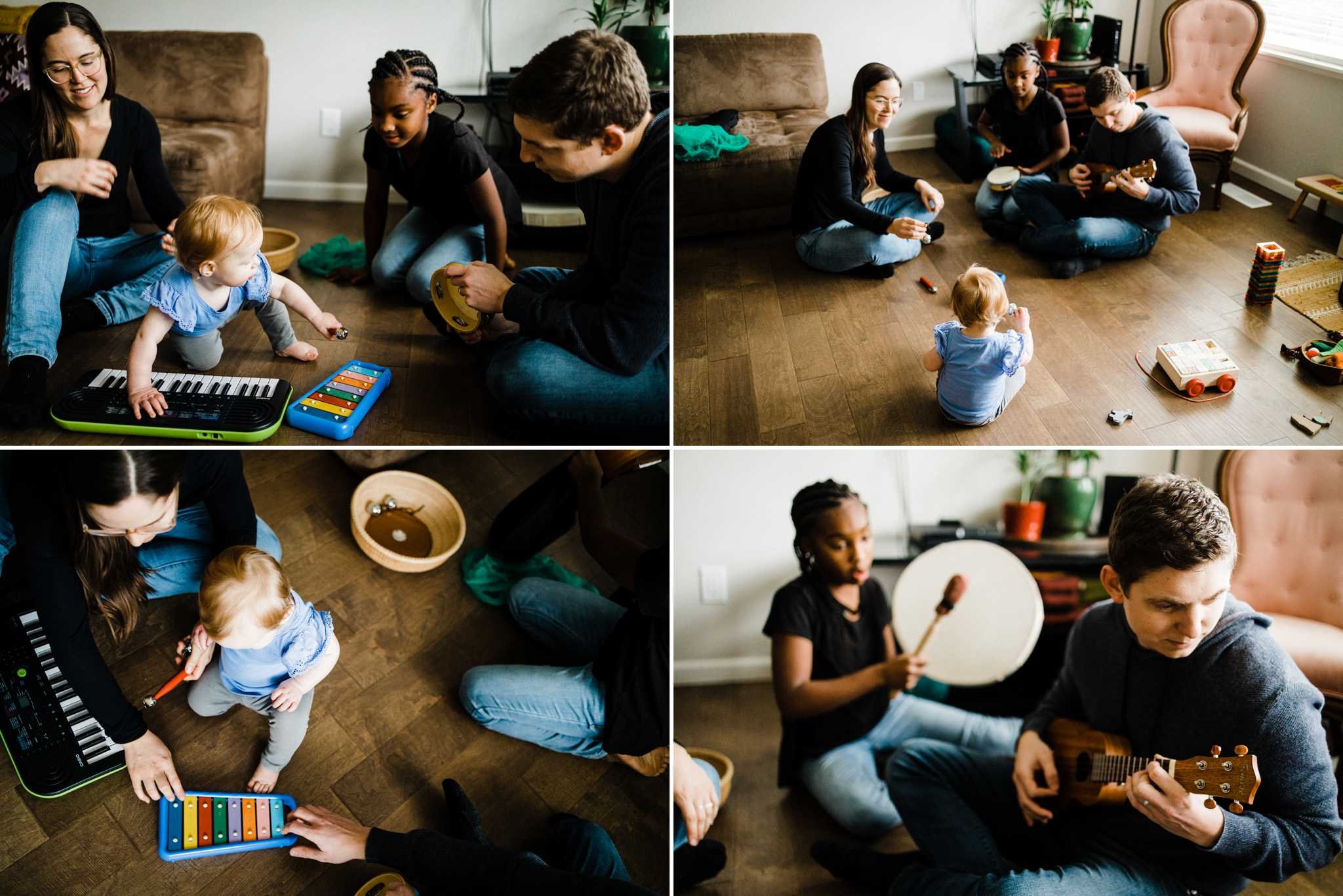Collage of Blended Family playing music in the living room of their tacoma home