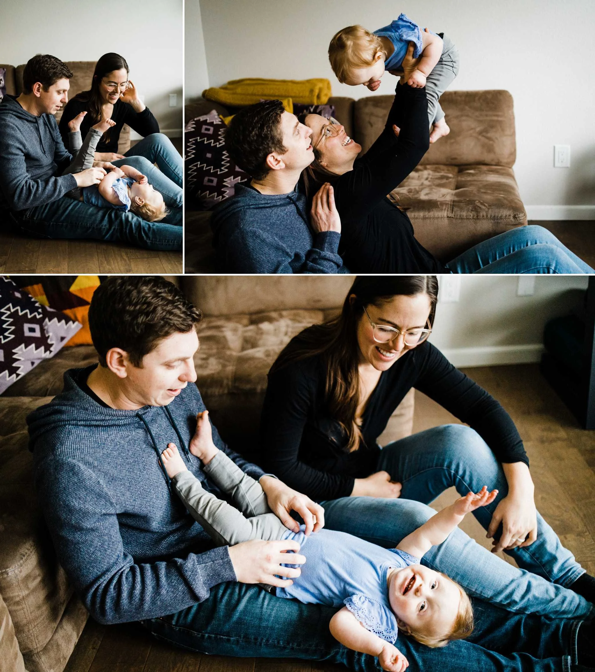 Tacoma couple playing with their 1 year old in the living room of their home.