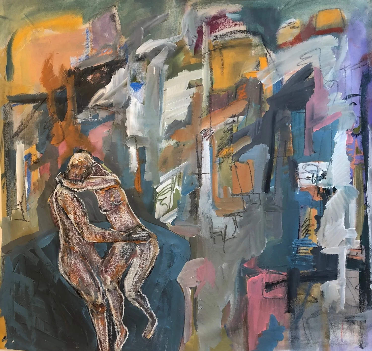 bacio, 4'x4', gouache, pastel, acrylic, graphite on canvas