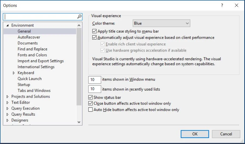 Options dialogue.