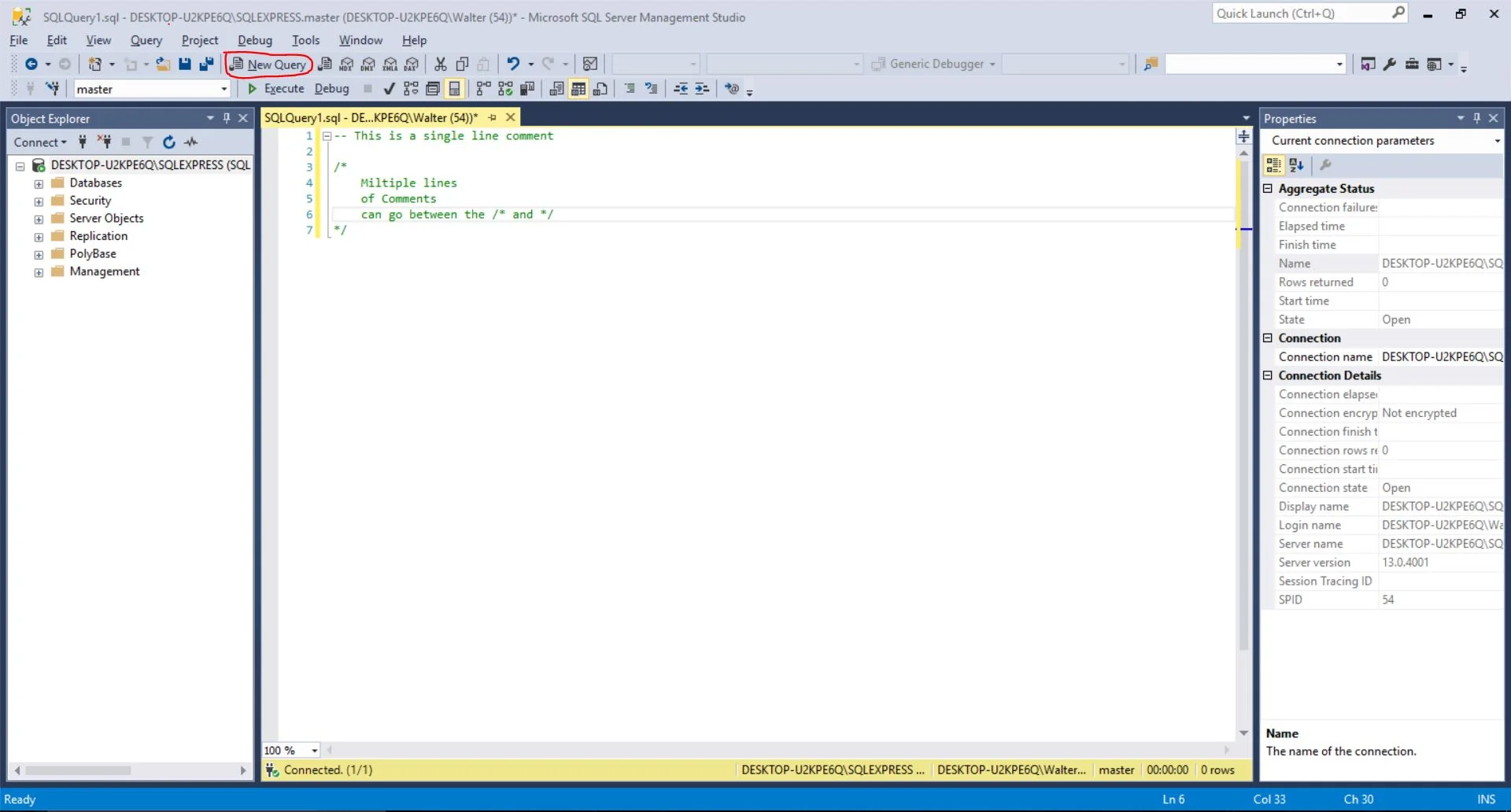 New Query window showing how to create single and multiple line comments