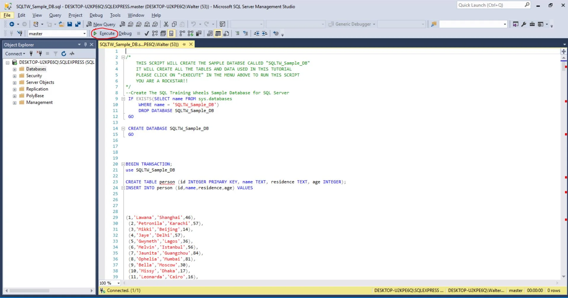 Click on Execute to run the script and create the SQLTW_Sample_DB. 