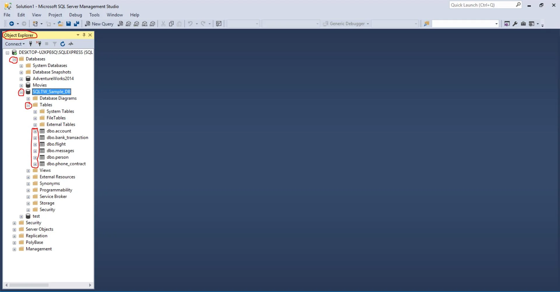 The Object Explore r shows the Tables in our SQLTW_Sample_DB that we will be working with.