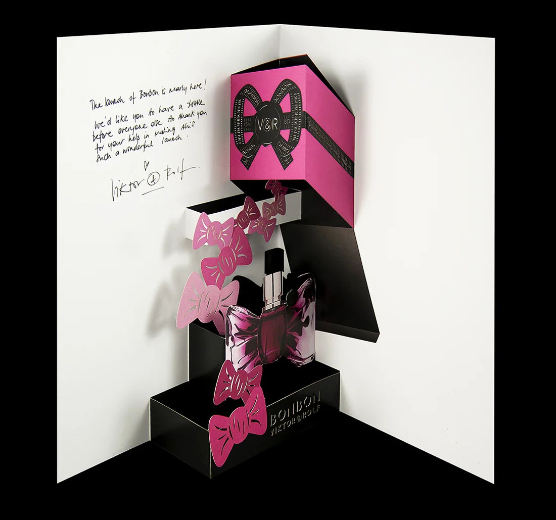 BonBon perfume promotional launch layered pop-up card.