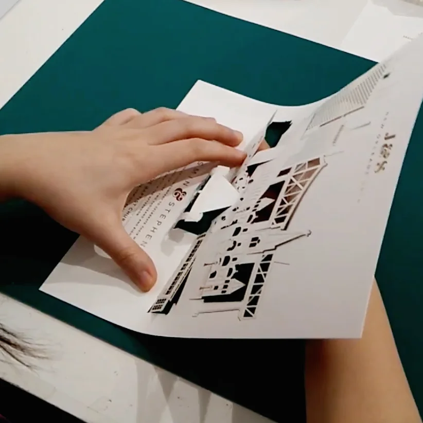 Each printout is folded by hand in our London studio. Depending on complexity of the folding design this process can take anywhere from 30 seconds to 10 minutes.