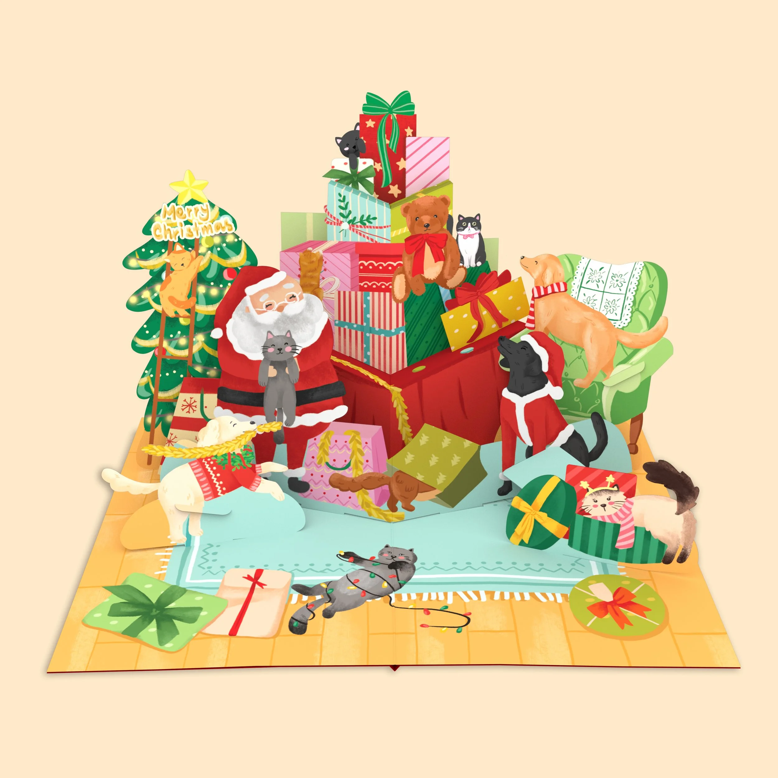 Santa with pets Christmas popup card.jpg