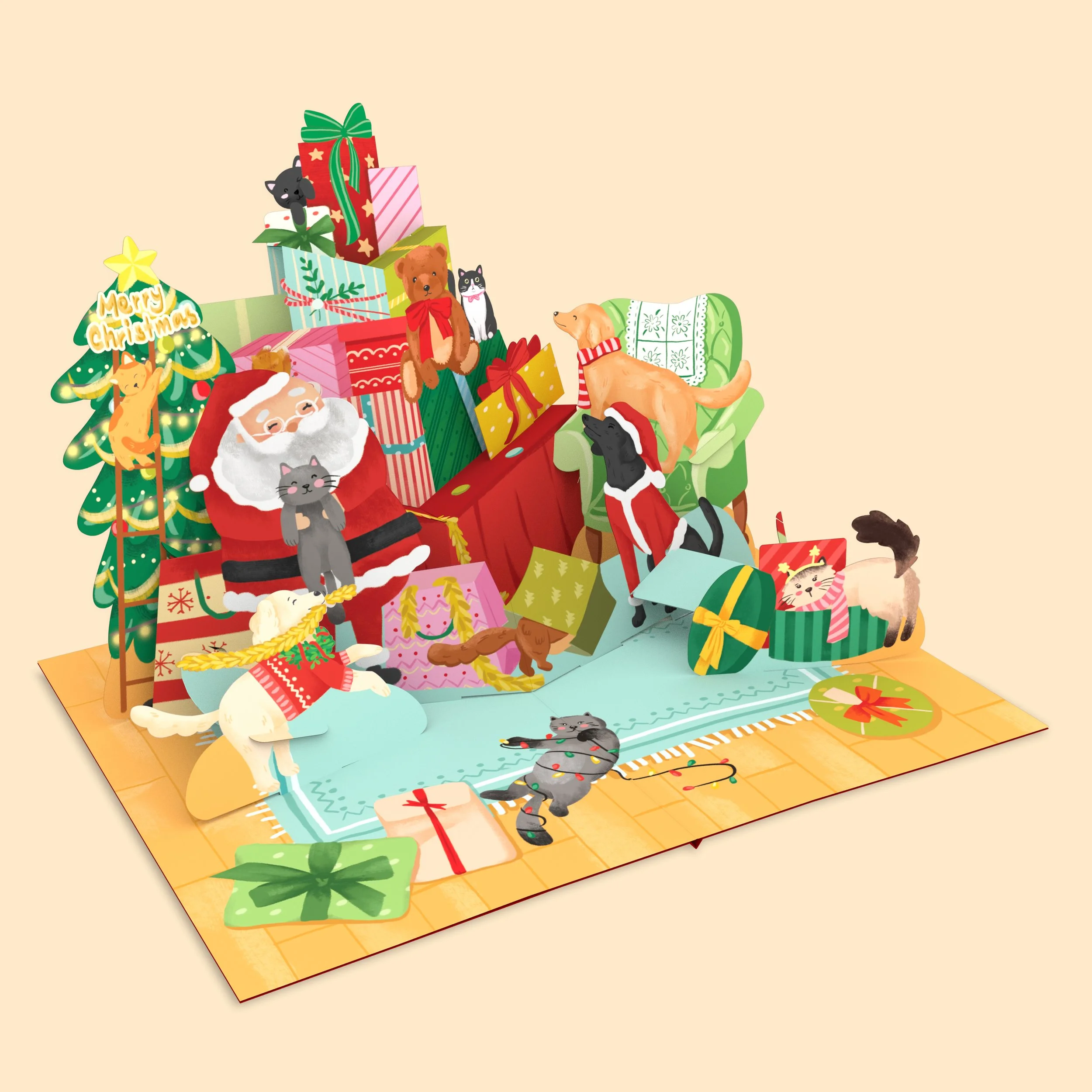 Santa with cats and dogs Christmas popup card.jpg