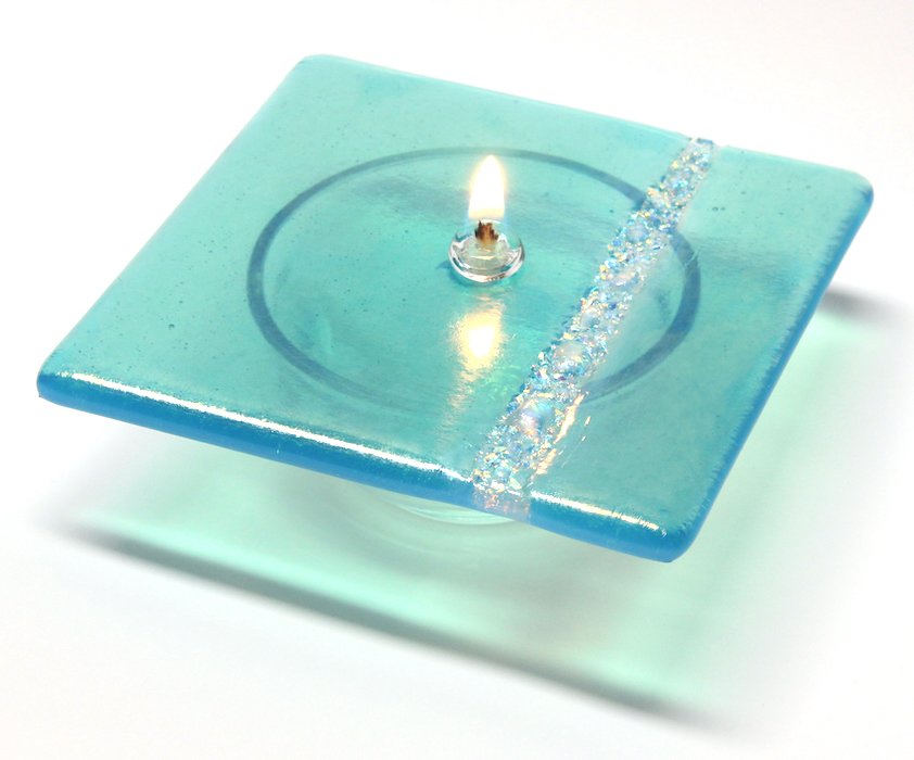 aqua river glass art candle with oil reservoir, 4-1/4"