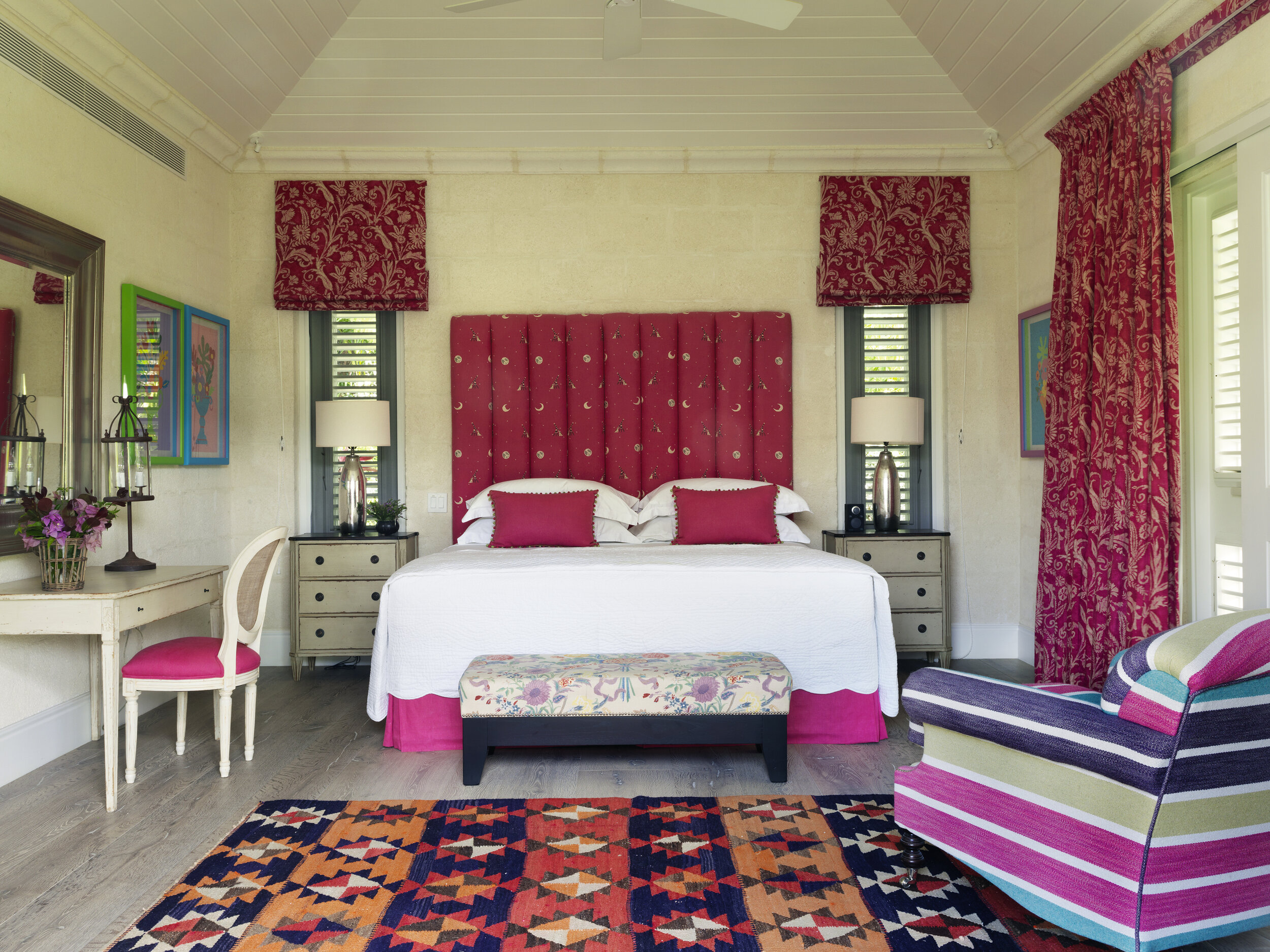   One of the four bedrooms, designed in Kit Kemp’s signature quirky style (photo credit: Rossferry)  