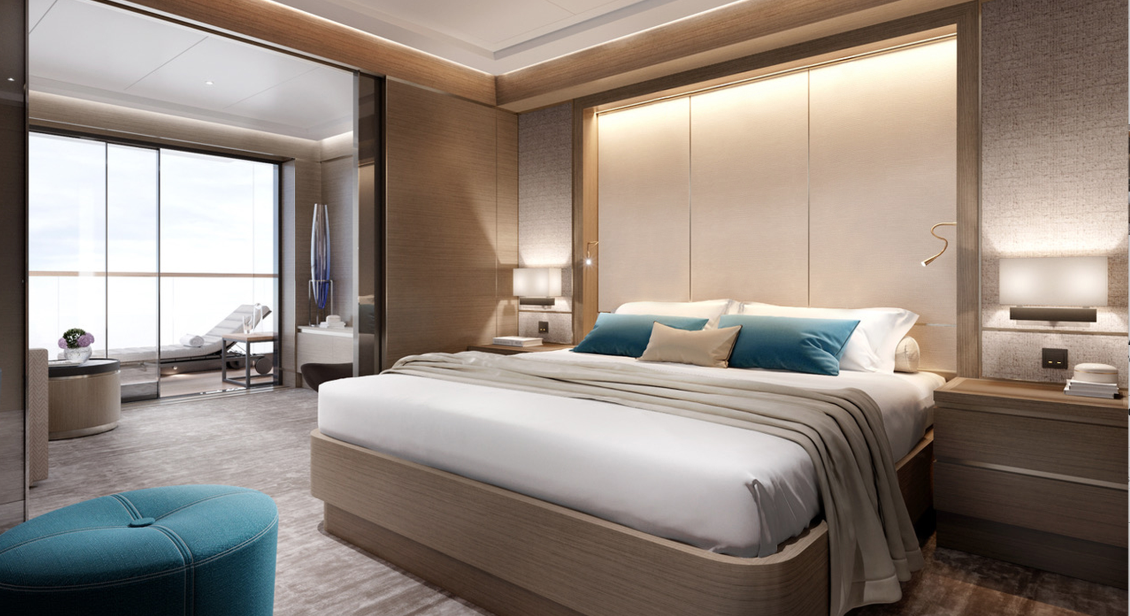   Rendering of a Signature Suite bedroom (photo credit: Ritz-Carlton Yacht Collection)  