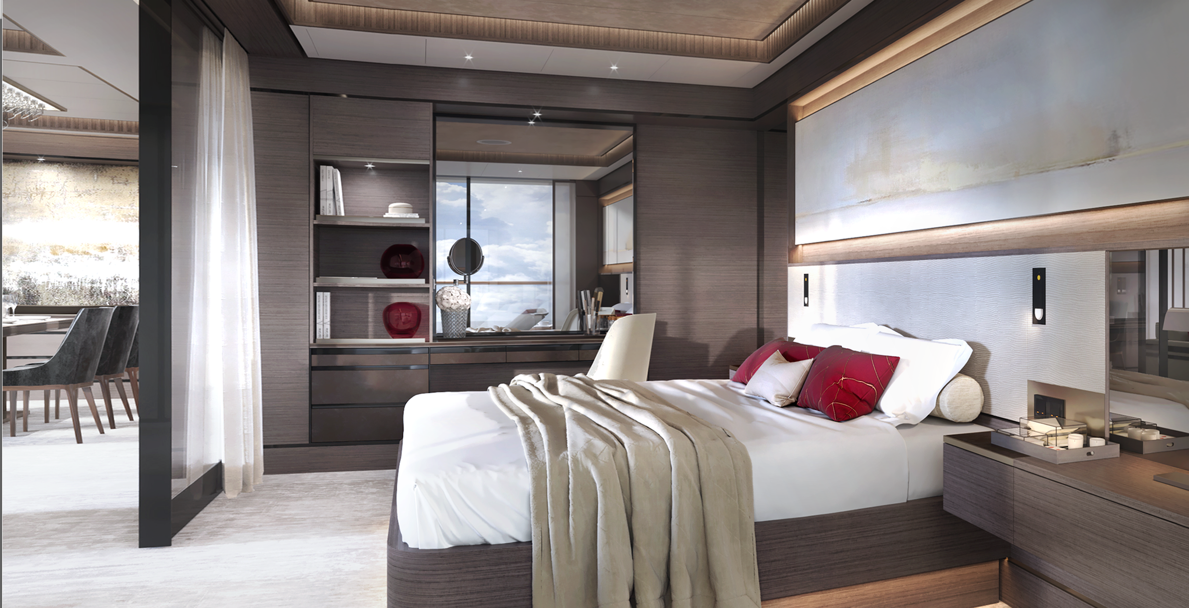   Rendering of the bedroom of the Owner’s Suite (photo credit: Ritz-Carlton Yacht Collection)  