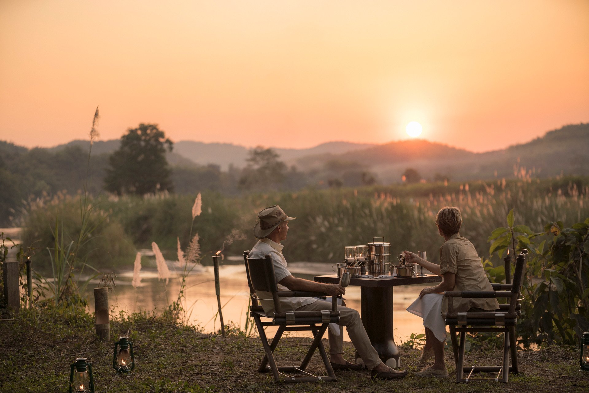 Sundowners at the Four Seasons Tented Camp Golden Triangle in Thailand