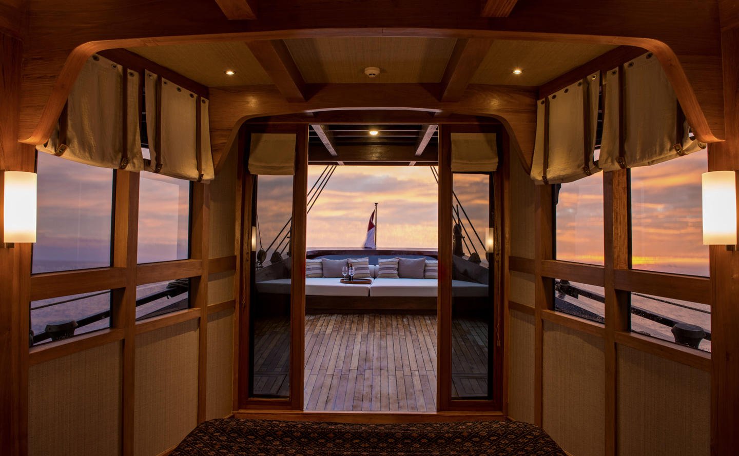 A look at the deck at sunset onboard Amandira luxury yacht