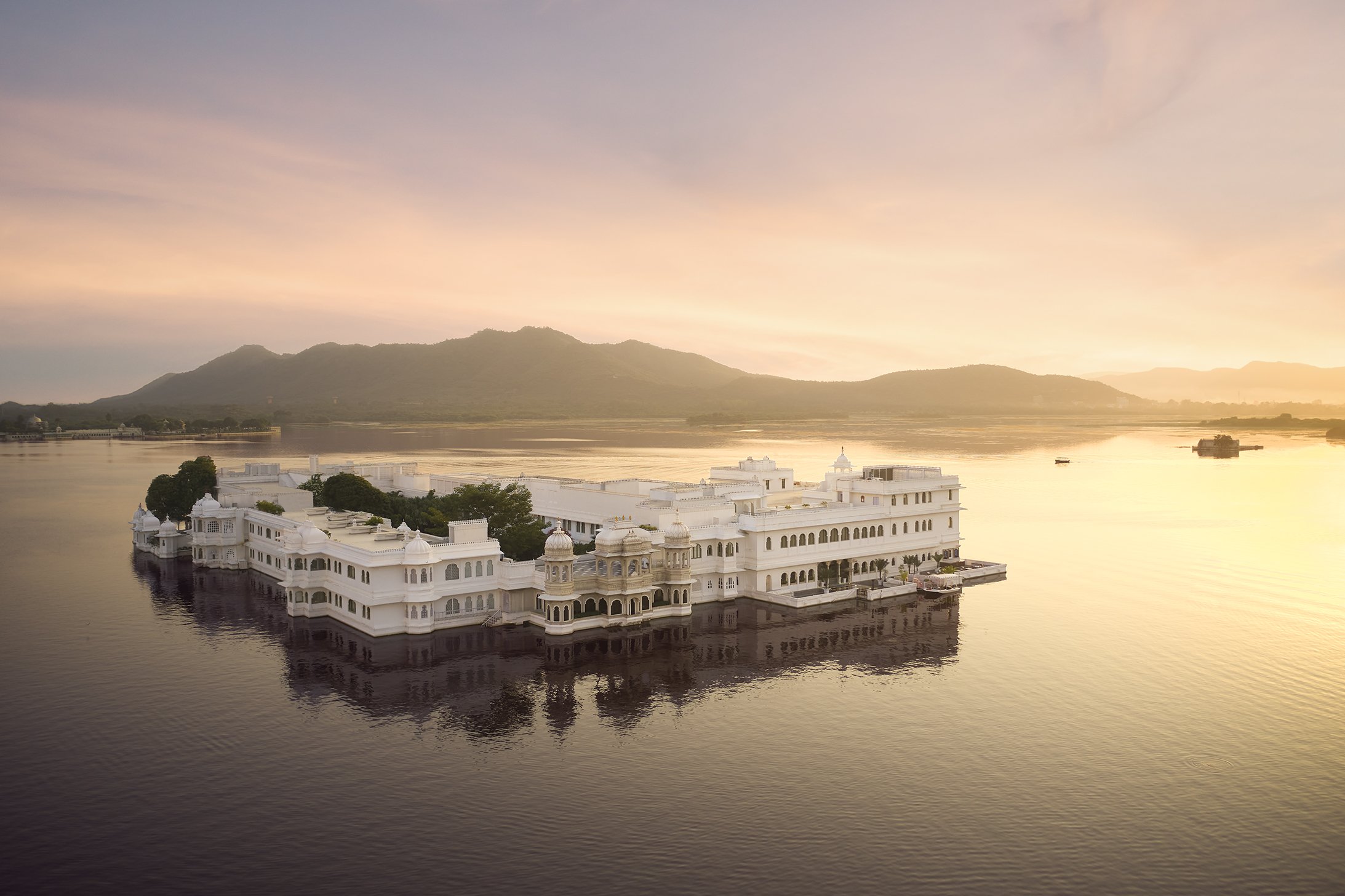 Aerial view of the magical Taj Lake Palace in Udaipur, India