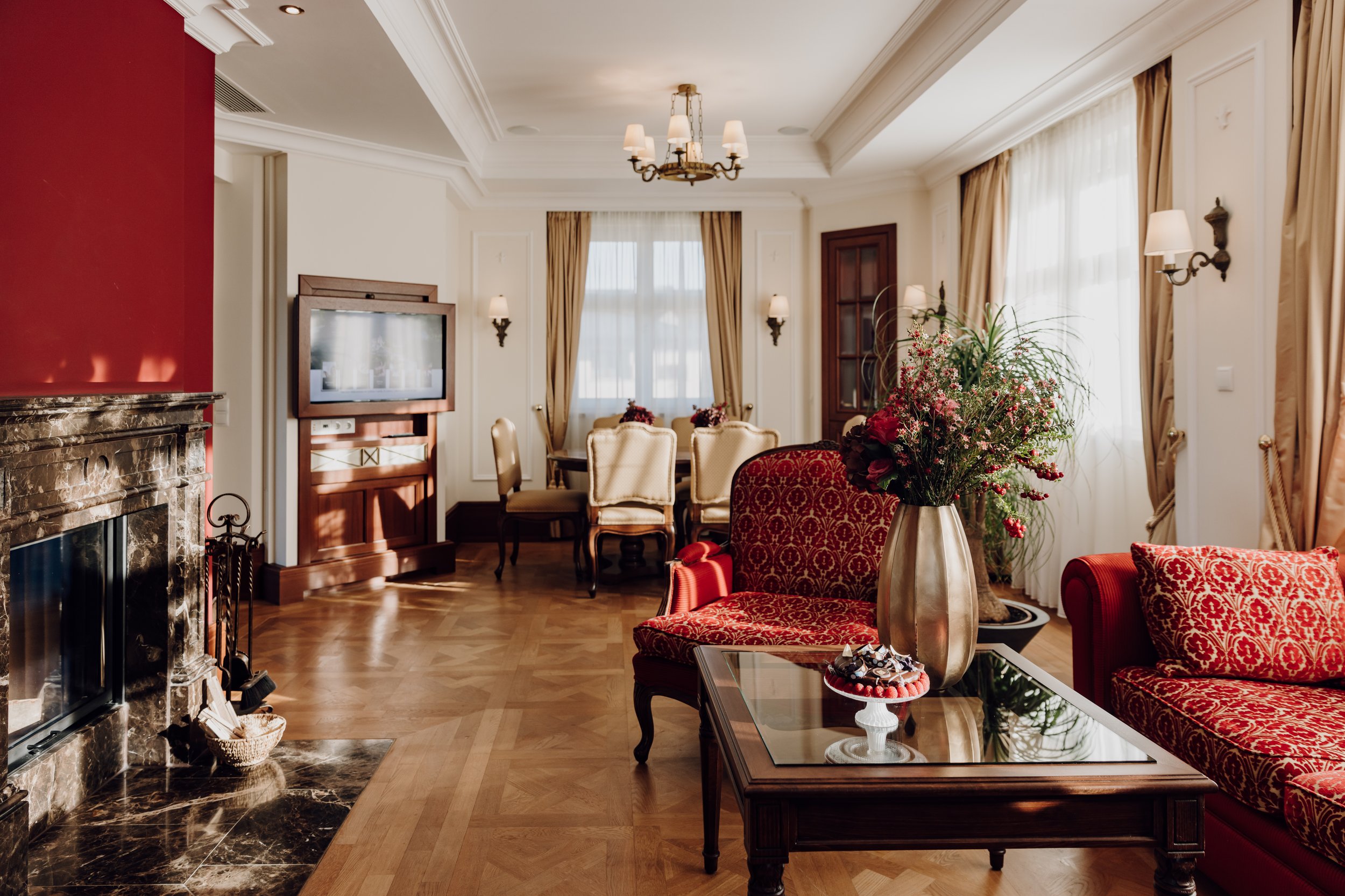 Sitting area of a suite at Schloss Fuschl, a hotel in the Marriott Luxury Collection in Salzburg, Austria