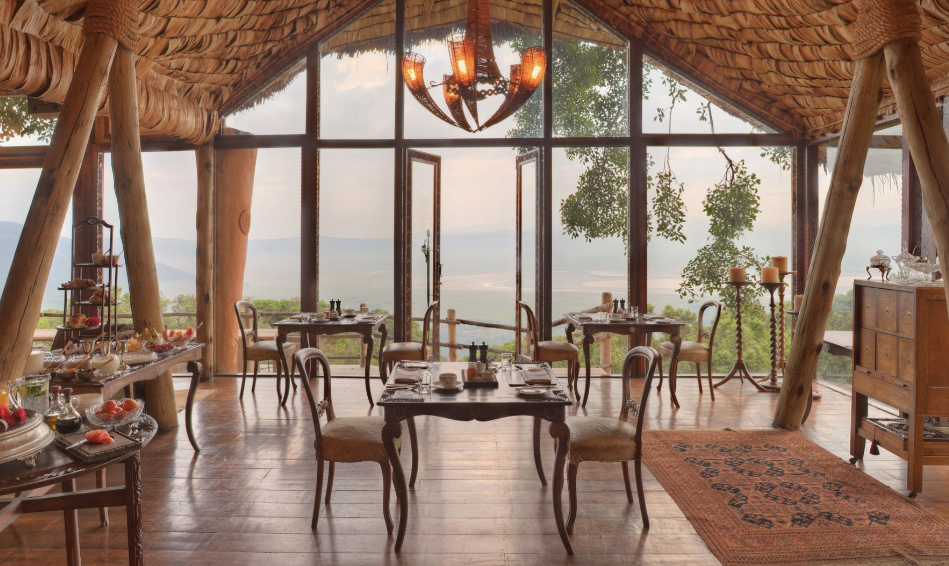 Indoor dining at the andBeyond Ngorongoro Crater Lodge in Tanzania, Africa