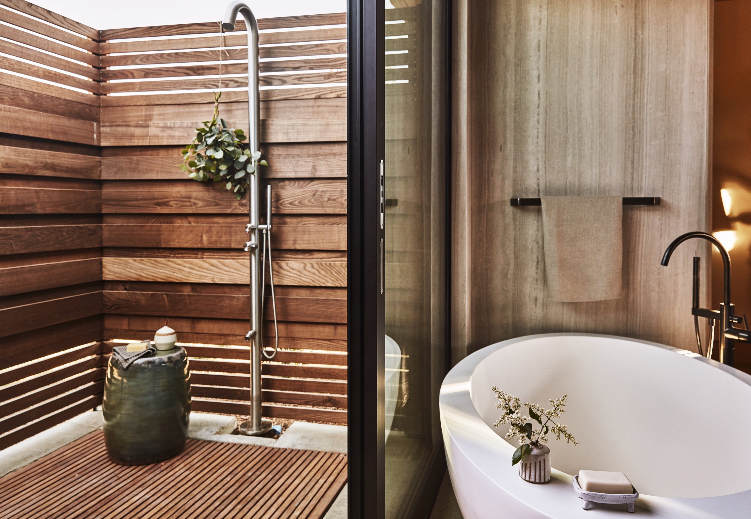 Luxe bathtub and outdoor shower at Stanly Ranch in Napa Valley