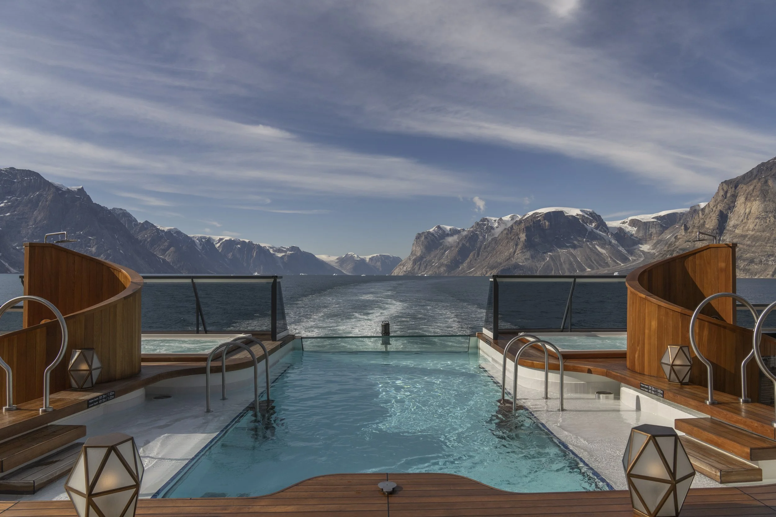 Seabourn Venture ultra-luxury cruise ship on an Arctic cruise view from the pool deck