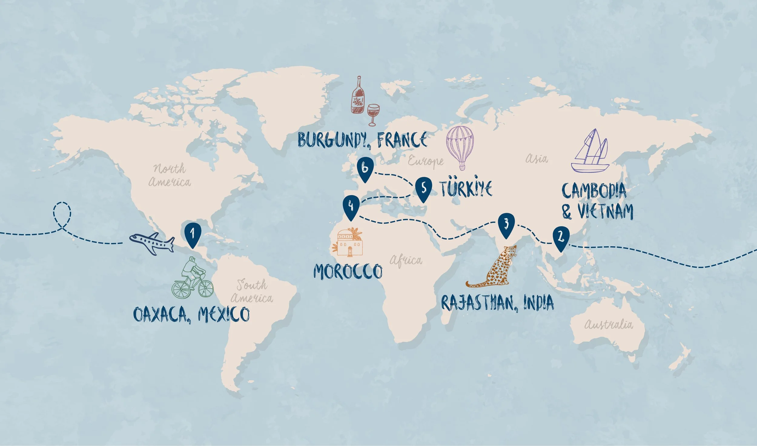 A world map showing Butterfield & Robinson's 62-day trip around the world to celebrate their 60th anniversary of active travel itineraries