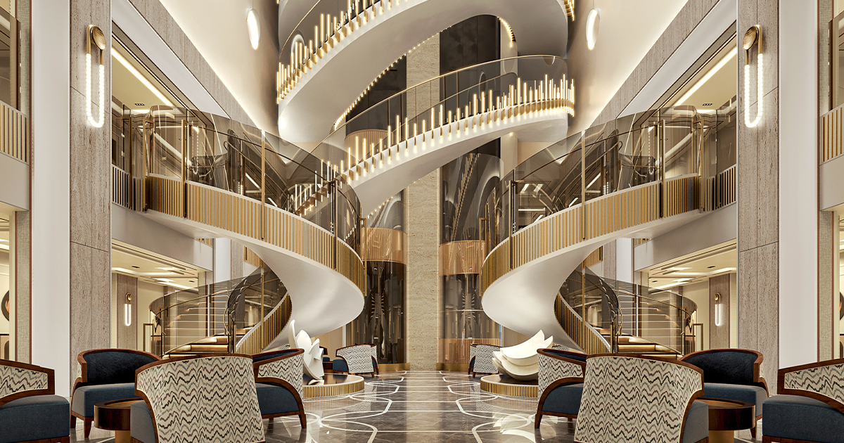 Rendering of the stunning atrium on the Regent Seven Seas Prestige luxury cruise ship launching December 2026