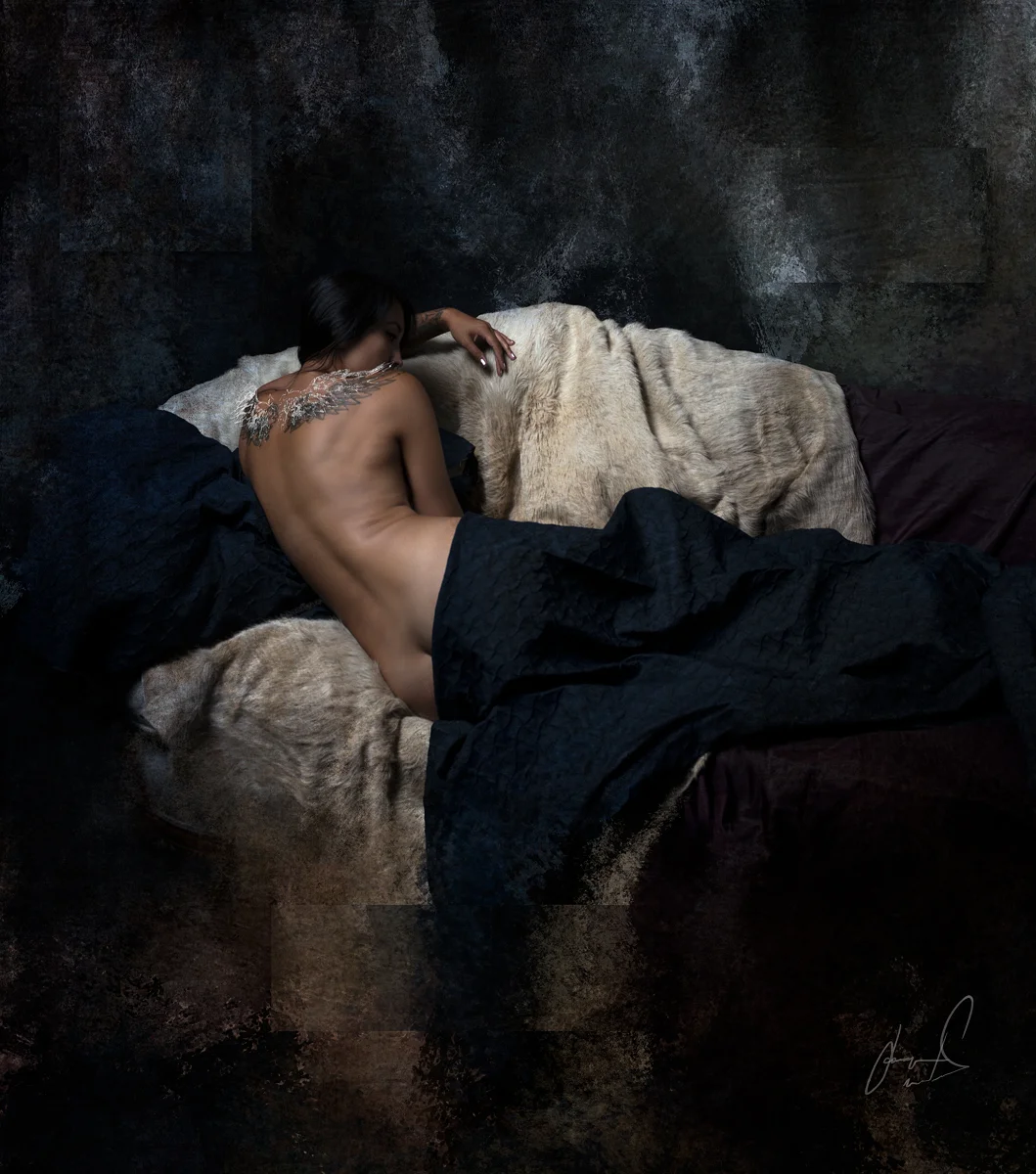 Fine art nude photograph by Jason Matias of a beautiful woman in a a moonlit scene straight from Verlaine’s Clair de Lune.