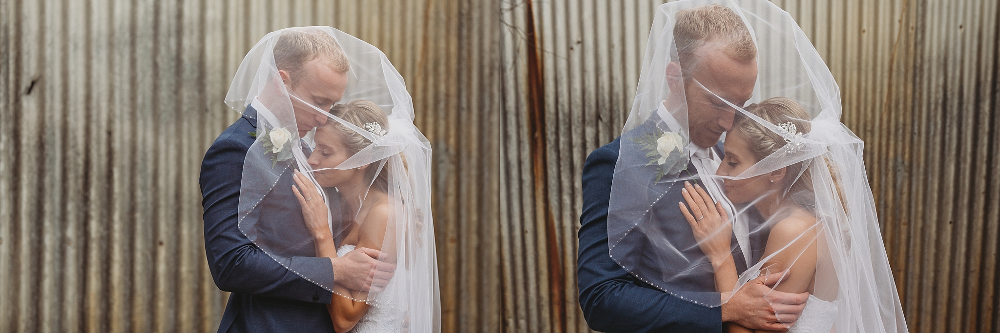 bride and groom under veil