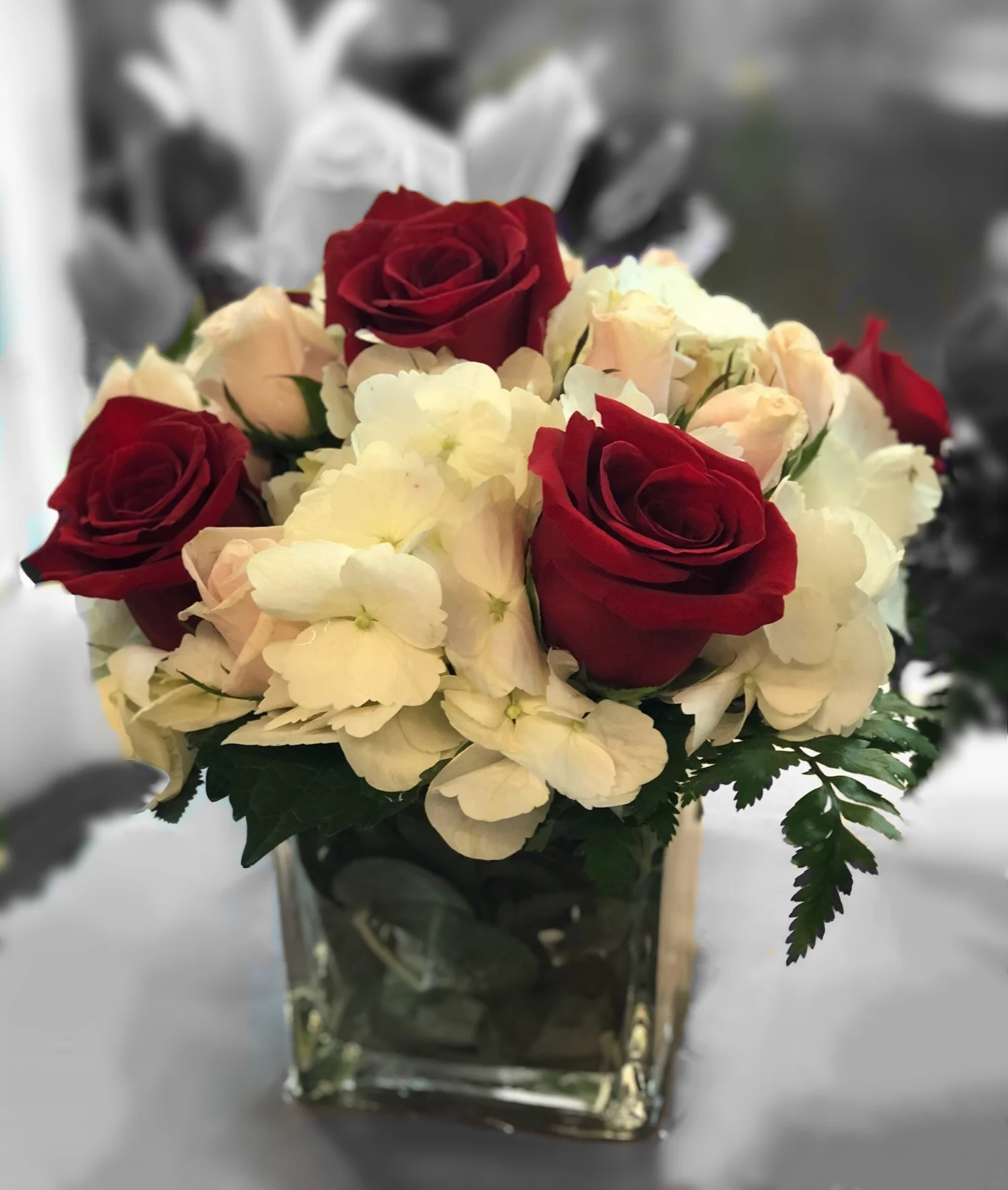 Hydrangea And Red Rose Bouquet