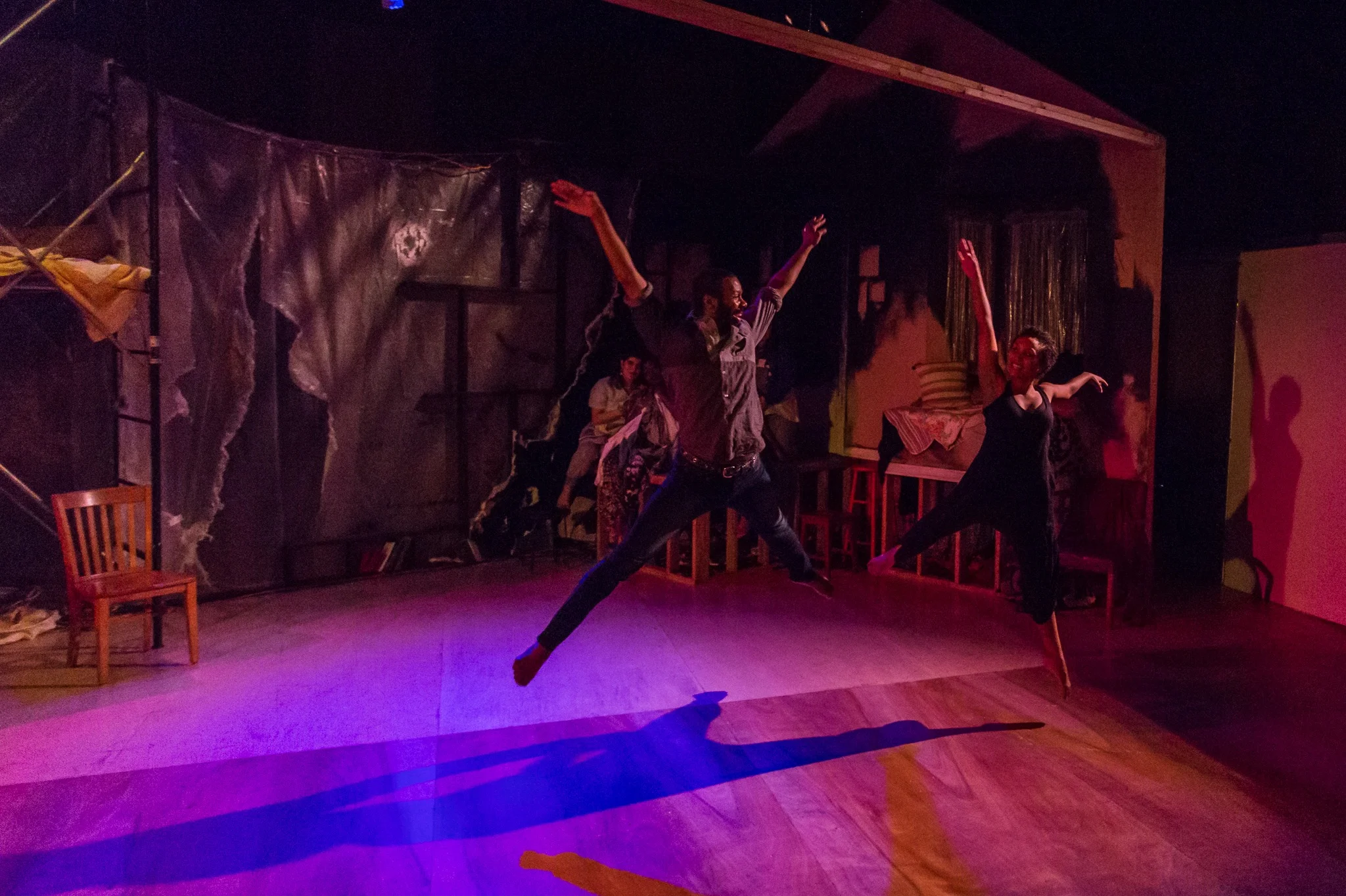 Amber Bates as Ava and Jeff George as First Love in the Shaking the Tree Production of Made to Dance in Burning Buildings, 2019. Photo: Gary Norman.