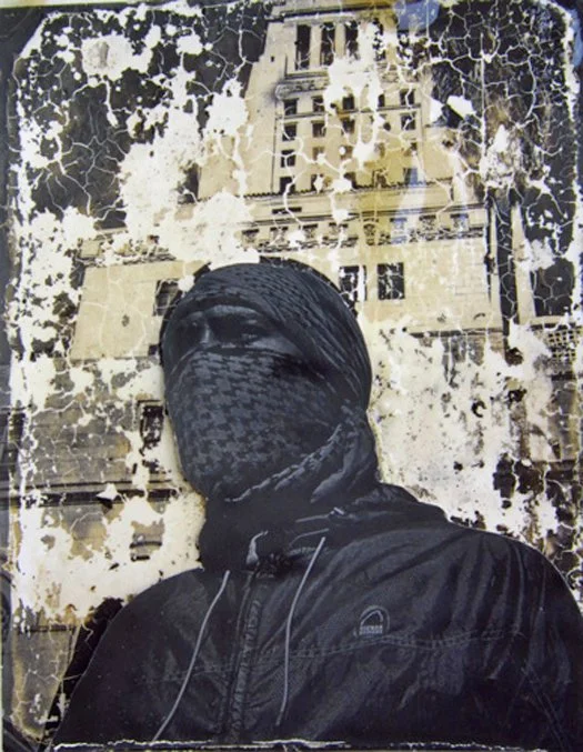 Occupy Los Angeles Masked protester In front of city Hall Polaroid Type55 mono print assemblage.jpg