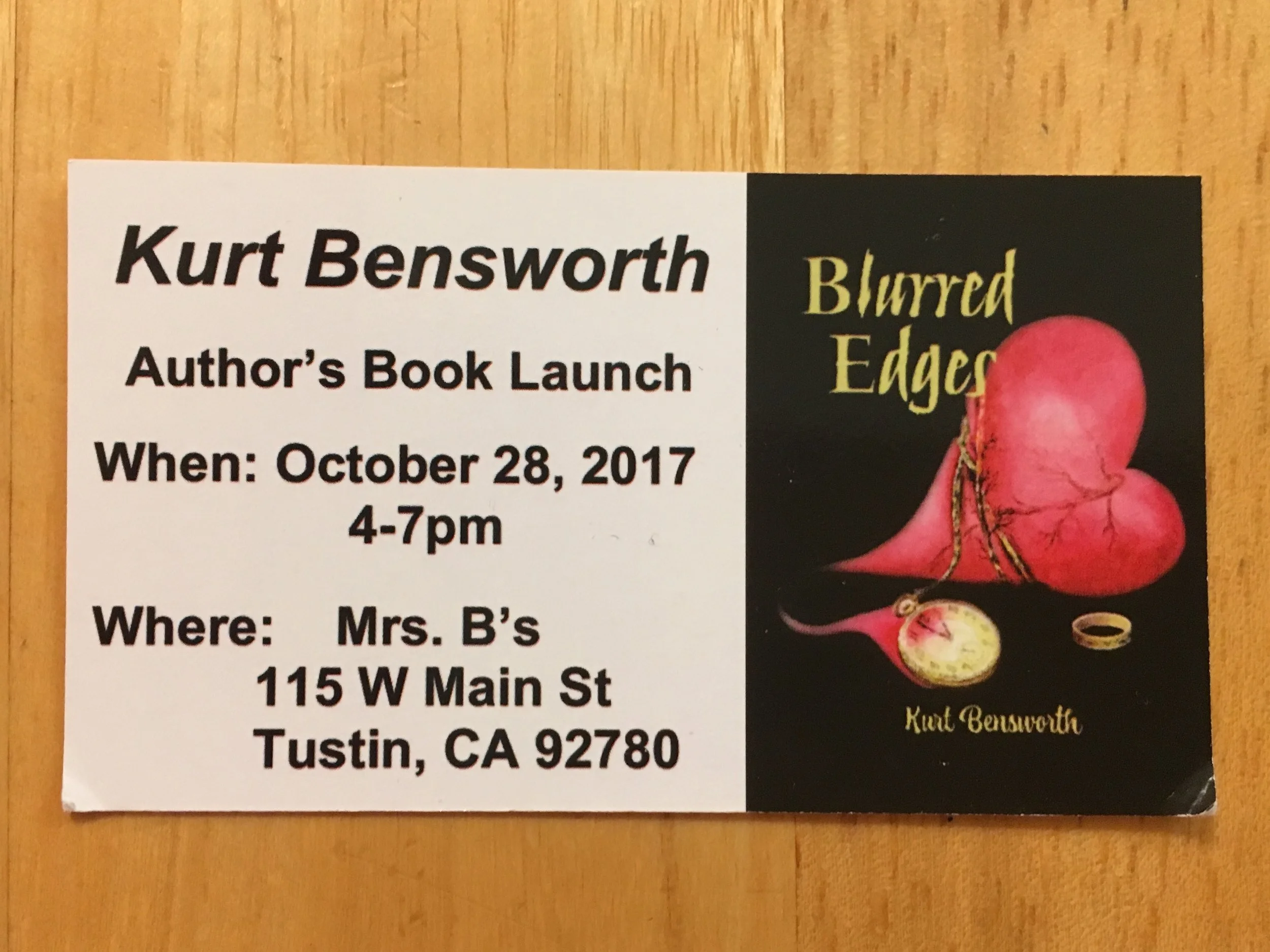 Kurt is a fellow Orange County writer and a great friend. He is also part of the upcoming e-book box set, Strange Impulses . Come out and celebrate the publication of his second book, Blurred Edges . Scarf down some food and wine, stay a while and chat. 