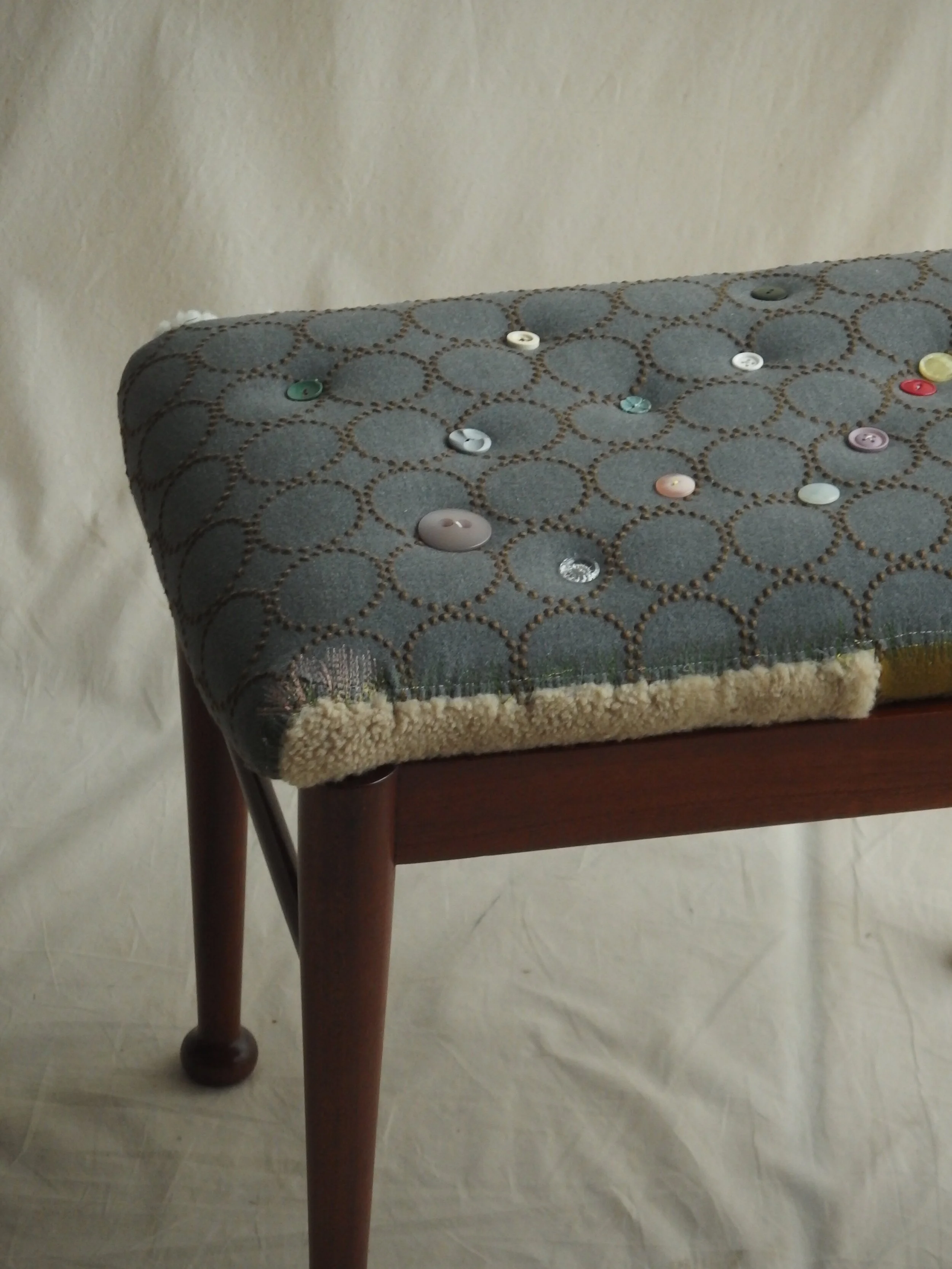 1940's anonymous stool upholstered by feelings of innocent childhood with minä perhonen dop