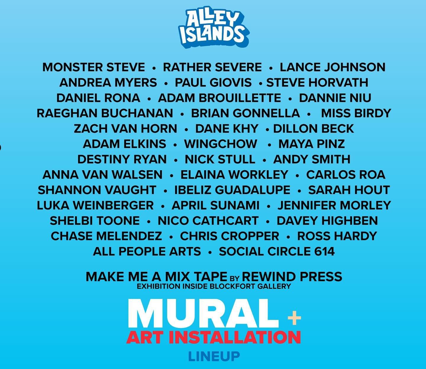Here are all of the wonderful artists who are involved with murals at this year&rsquo;s Alley Islands. 
⭐️
Monster Steve @monster_steve 
Rather Severe @rather_severe 
Lance Johnson @lanceljart 
Andrea Myers @andreamyersart
Paul Giovis @allapaulygs 
S