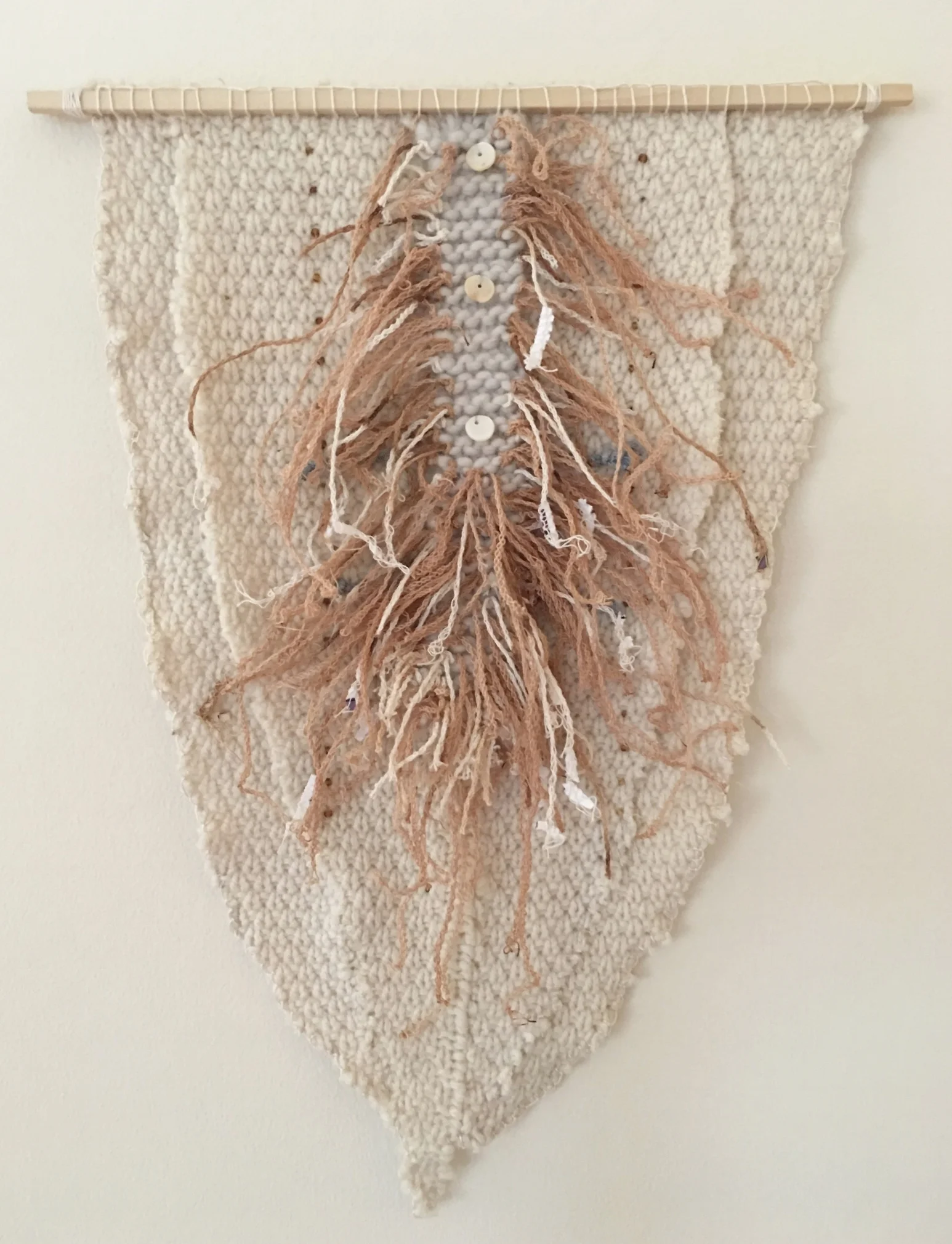  Wool remnant, knit wool, tea tassels with shell button.  