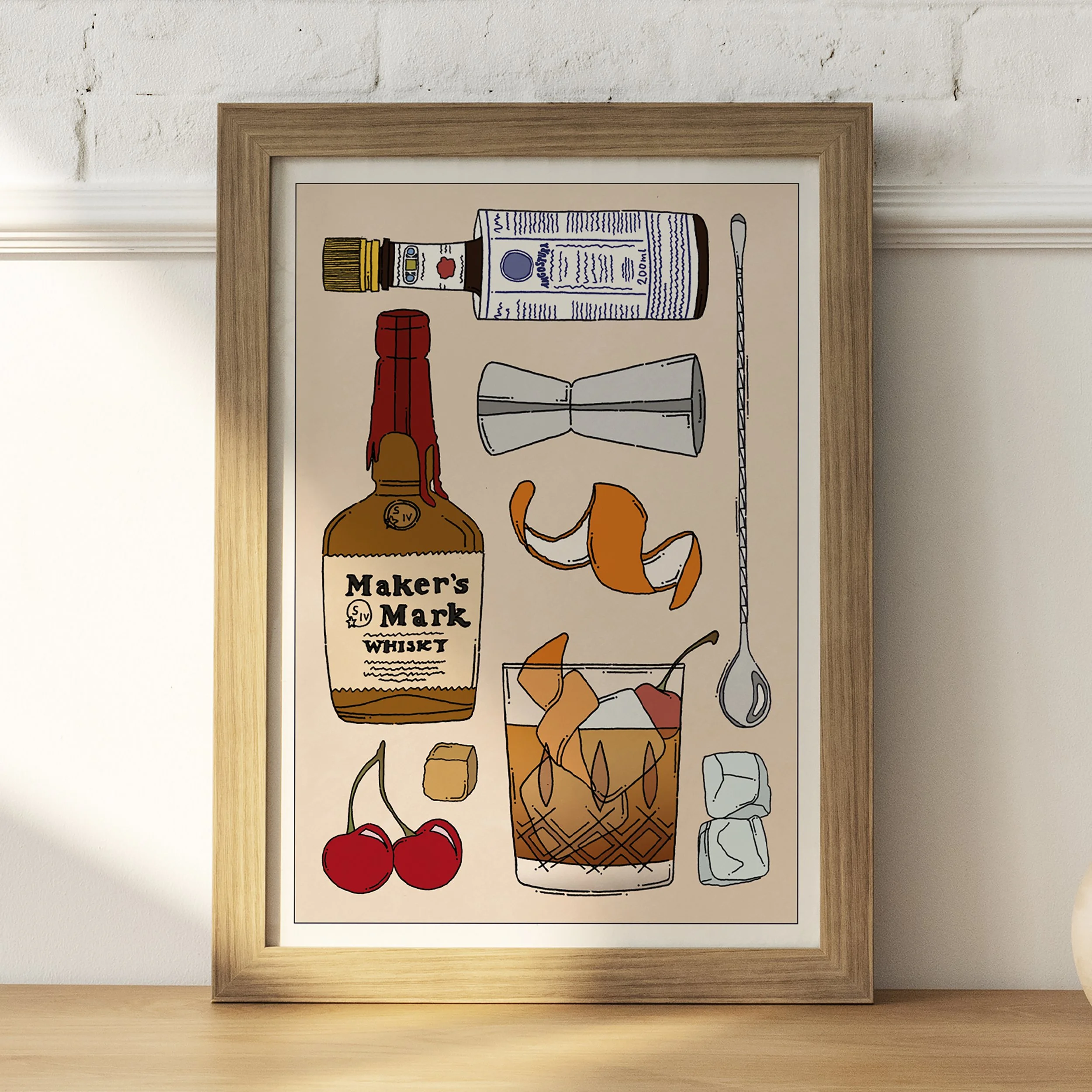 Illustrated Old Fashioned Cocktail Print