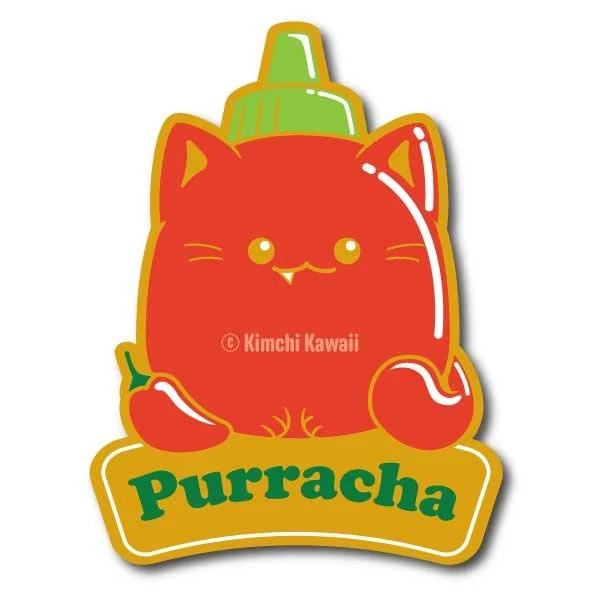 Pin mockup of a cat shaped bottle of sriracha sauce. Text reads 'Purracha'.
