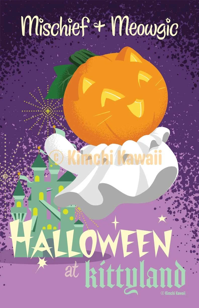 Pumpkin headed ghost cat flying past a fairy tale castle.