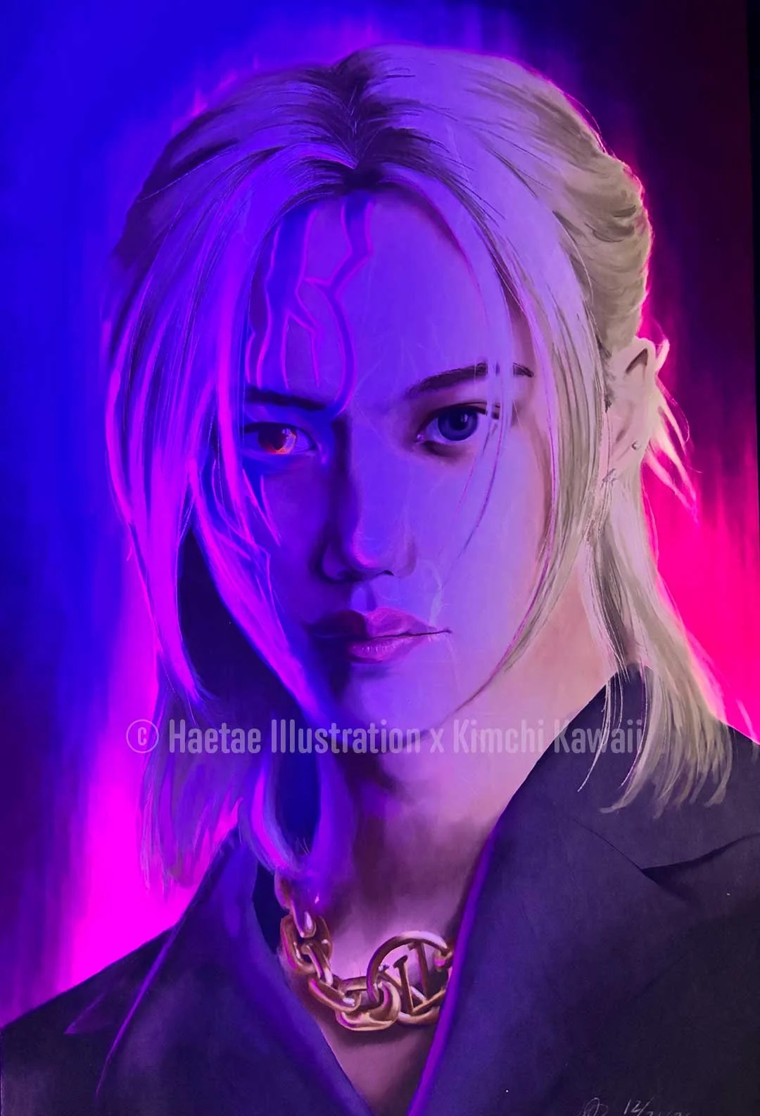 Illustration of Korean man with purple patterns on their face.