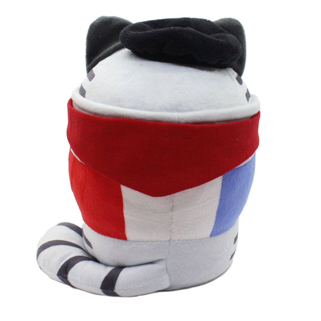 Back view of grey cat plush shaped like a coffee cup with a red, white and blue coffee sleeve, black beret, and red bandana.