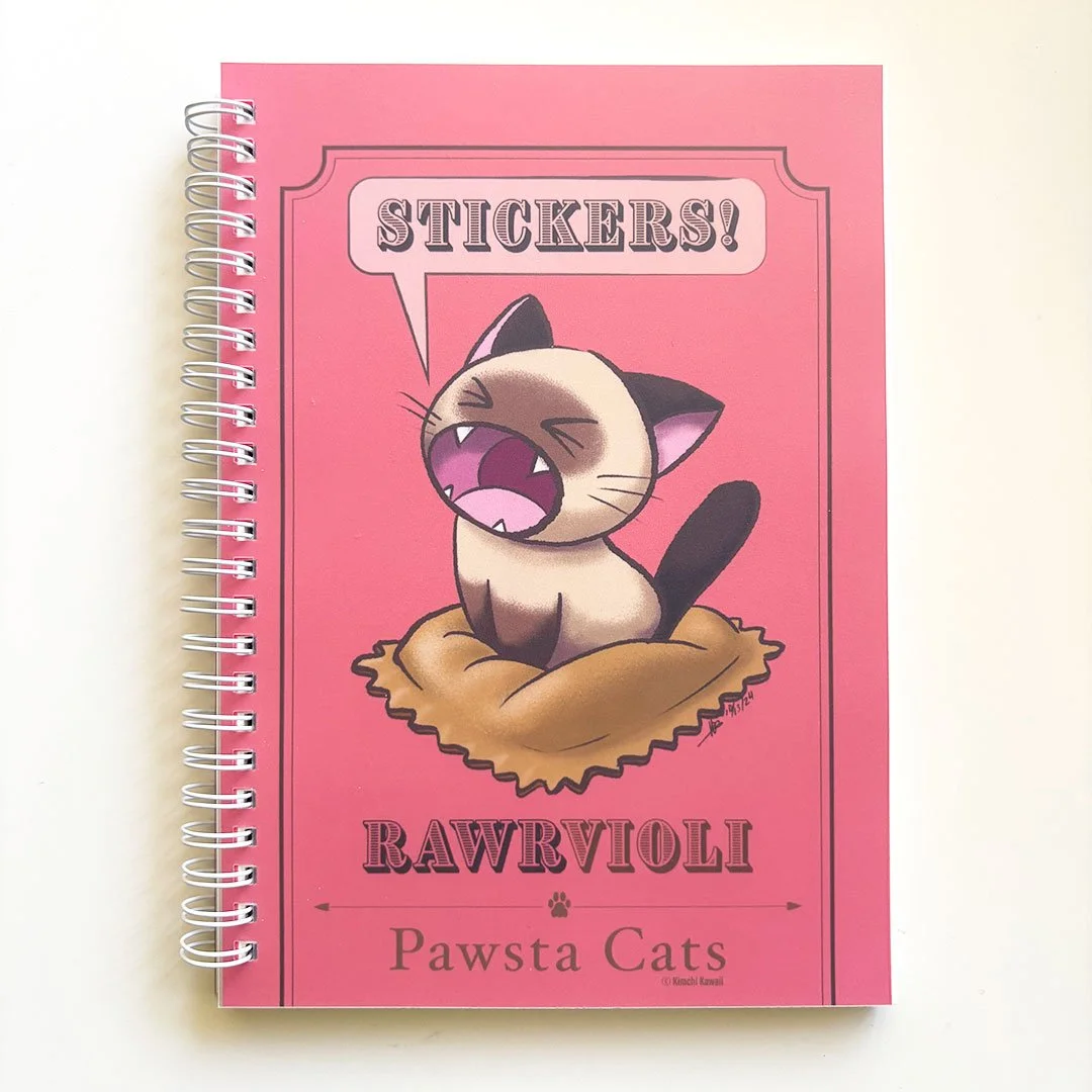 Yelling Siamese kitty sitting on a ravioli shouting 'Stickers!' Text on bottom reads 'Rawrvioli' and 'Pawsta Cats'.
