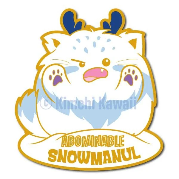 Mockup of a pin of a fluffy white and blue yeti cat. Text reads 'Abominable Snowmanul'.