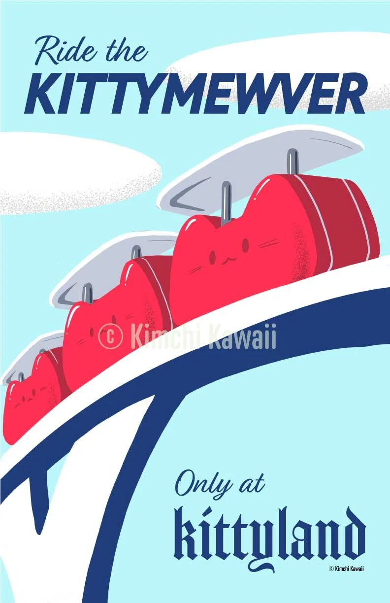 Illustration of a tram with three red cat shaped cars.