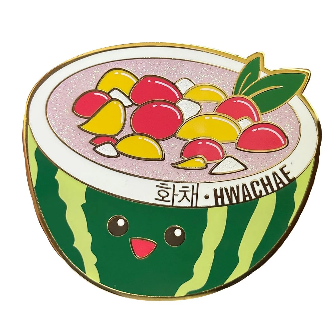 Cute enamel pin of hwachae in a watermelon bowl.