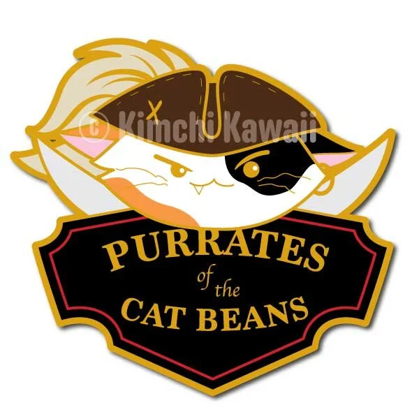 Mockup of a pin of a pirate cat over a sign that says 'Purrates of the Catbeans'.