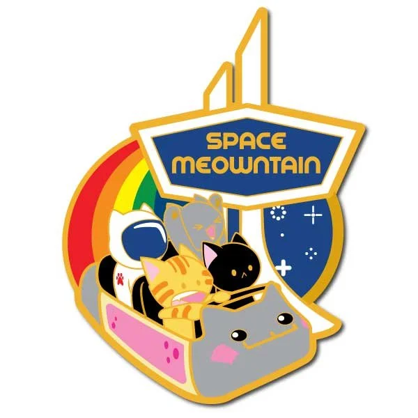 Mockup of a pin with four cats riding a space ride. Text says 'Space Meowntain'.