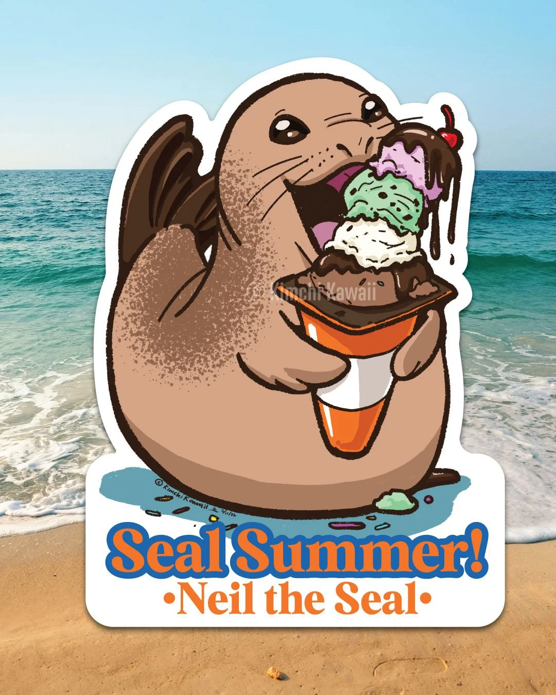 Sticker of a seal with a traffic cone full of ice cream. Text says 'Seal Summer, Neil the Seal'.