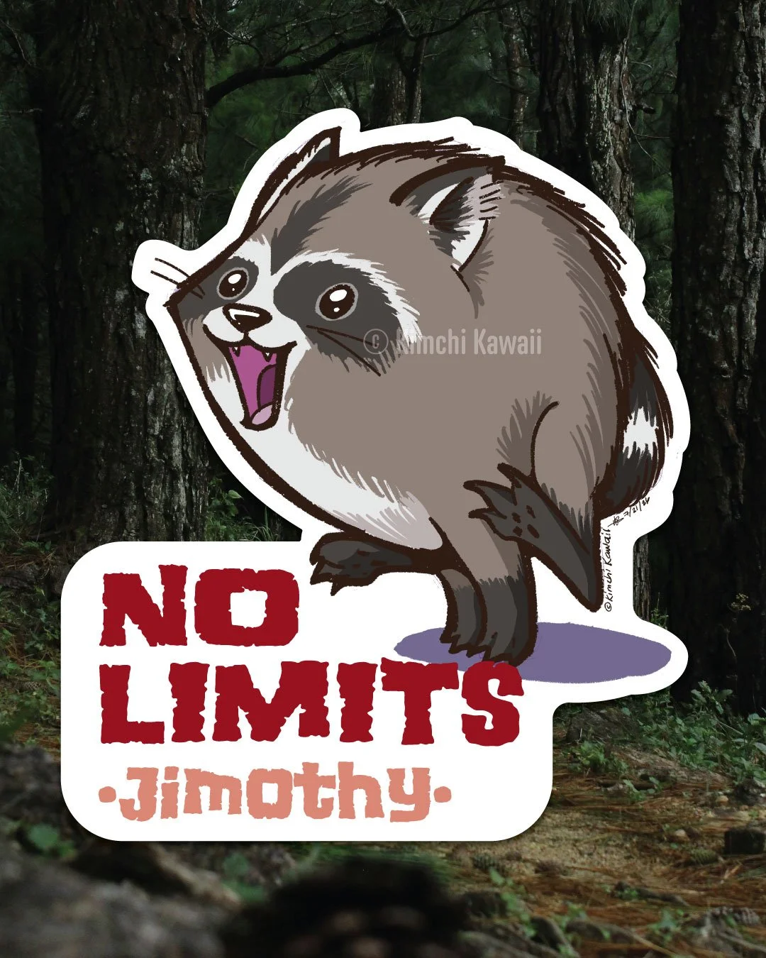 Sticker of a raccoon running with the words, 'No Limits, Jimothy' below it.