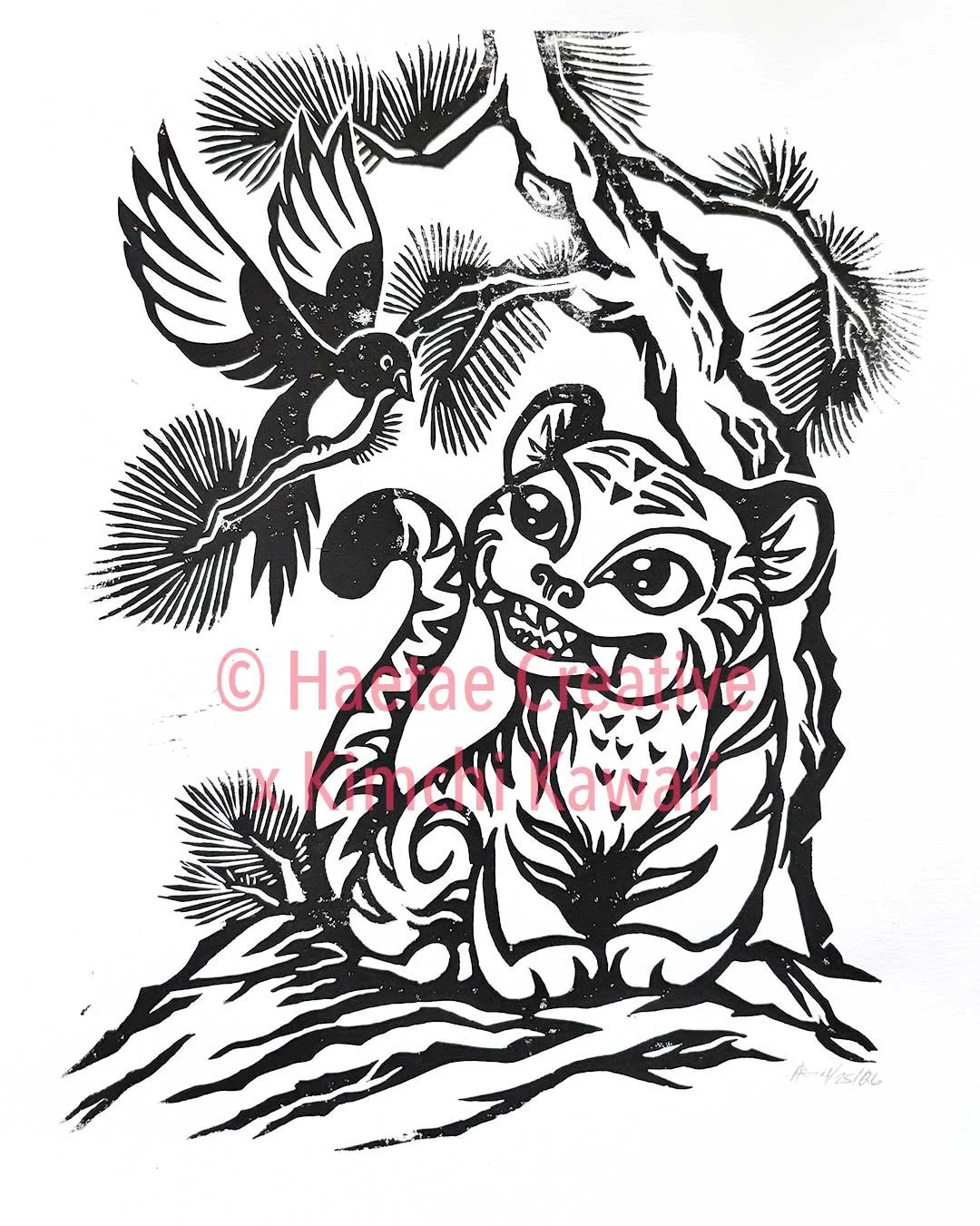 Linocut in black ink of a tiger and a magpie.